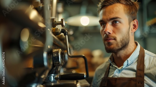 Handsome young man in apron looking at professional coffee roasting equipment while standing by control panel : Generative AI