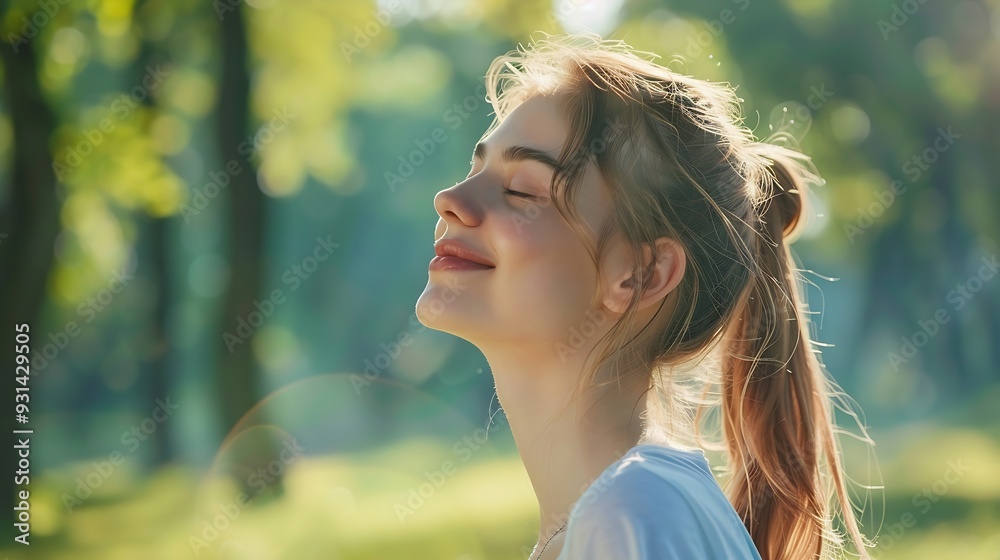 Calm beautiful smiling young woman with ponytail enjoying fresh air outdoor relaxing with eyes closed feeling alive breathing dreaming Copy space green park nature background Side view : Generative AI Calm beautiful smiling young woman with ponytail enjoying fresh air outdoor relaxing with eyes closed feeling alive breathing dreaming Copy space green park nature background Side view : Generative AI