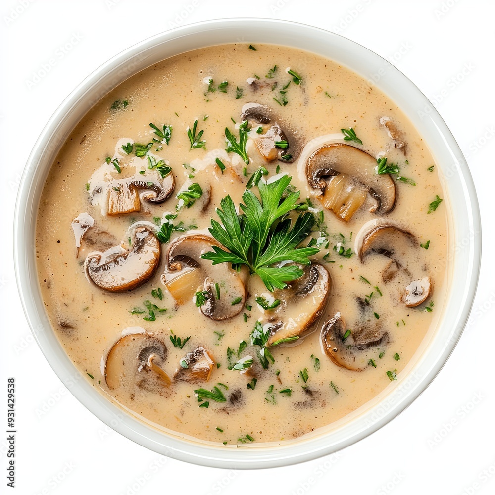 Create an image of a bowl of creamy mushroom soup with a sprinkle of fresh herbs, on a clean white backdrop.