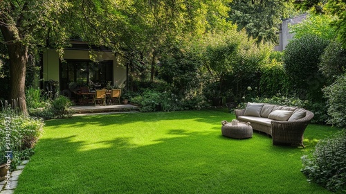 A peaceful backyard garden with a green, well-manicured lawn and a cozy seating area. The soft grass and the comfortable outdoor furniture create a perfect space for relaxation