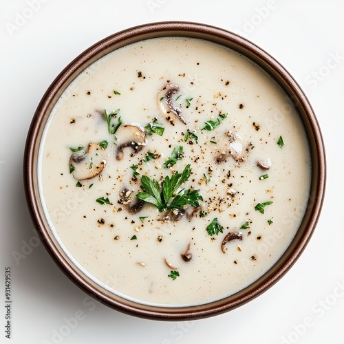 Create an image of a bowl of creamy mushroom soup with a sprinkle of fresh herbs, on a clean white backdrop.