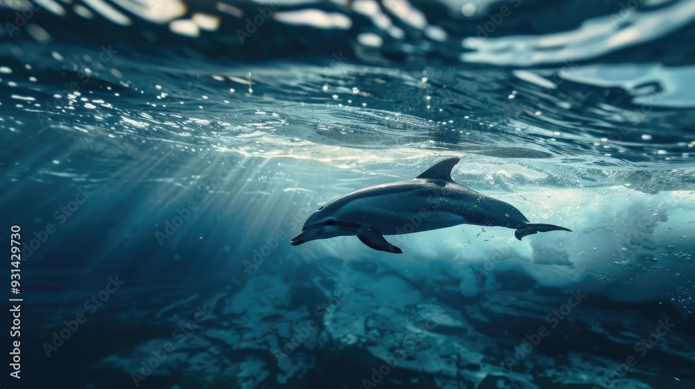 Fototapeta premium Dolphin swimming underwater with sunbeams shining through the water