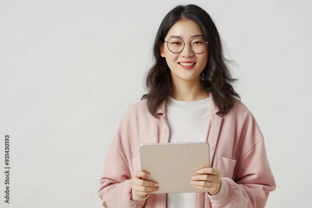 A woman wearing glasses and a pink jacket is holding a tablet. She has a big smile on her face A woman wearing glasses and a pink jacket is holding a tablet. She has a big smile on her face