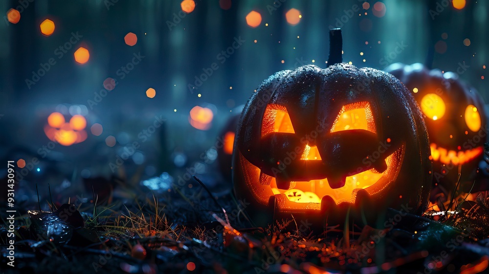 Happy Halloween with pumpkins on a spooky forest at night
Happy Halloween with pumpkins on a spooky forest at night