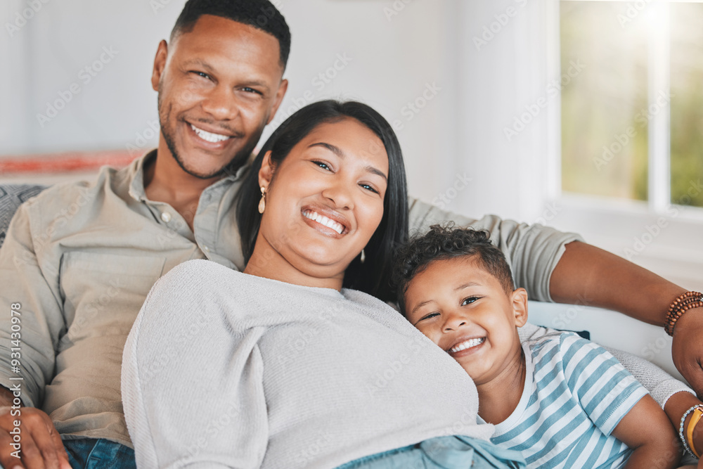 Mom, dad and kid in portrait on sofa for bonding, love and relax together in home on weekend morning. Mother, father and boy child hug on couch with smile, happy family and embrace in living room Mom, dad and kid in portrait on sofa for bonding, love and relax together in home on weekend morning. Mother, father and boy child hug on couch with smile, happy family and embrace in living room