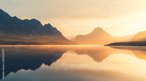 A peaceful sunrise over a picturesque mountain lake.