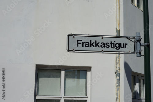 Reykjavik, Iceland - Frakkastigur road street sign leads to Hallgrimskirkja, restaurants, cafés, bakeries and many popular sightseeing spots