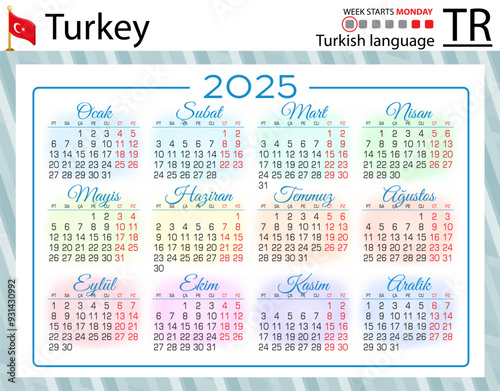 Turkish horizontal pocket calendar for 2025. Week starts Monday