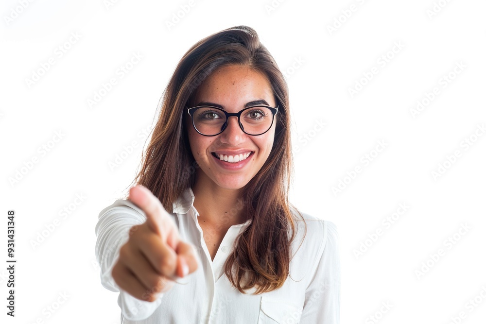 Happy woman and portrait pointing at you for business recruitment on a white background. ,generative ai Happy woman and portrait pointing at you for business recruitment on a white background. ,generative ai