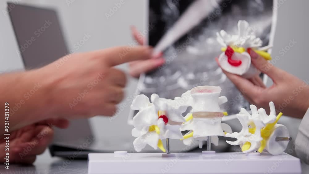 Close-up of a doctor's hands handling a spine model during an anatomical demonstration. Ideal for showcasing medical education, healthcare expertise, and patient consultations. Close-up of a doctor's hands handling a spine model during an anatomical demonstration. Ideal for showcasing medical education, healthcare expertise, and patient consultations.