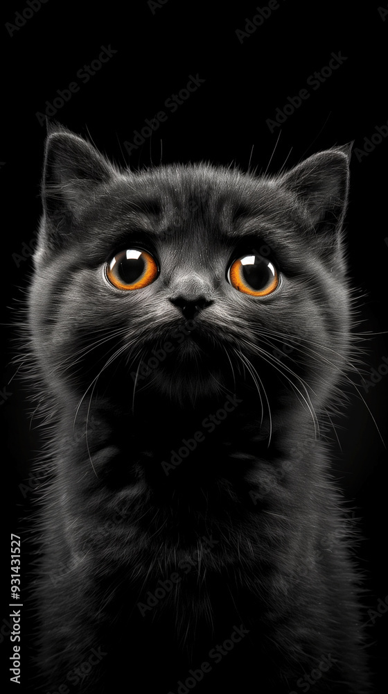 A black cat with orange eyes is staring at the camera. The cat's eyes are wide open, and it is curious or surprised. The image has a mysterious and intriguing mood A black cat with orange eyes is staring at the camera. The cat's eyes are wide open, and it is curious or surprised. The image has a mysterious and intriguing mood