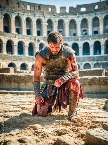 A powerful image of a gladiator, heavily wounded and kneeling in the sand of the Colosseum. The scene captures the intensity and brutality of ancient Roman combat.
