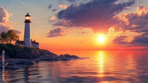 A picturesque coastal scene with the sun setting behind a lighthouse. The warm colors of the sunset reflect off the ocean, creating a serene and picturesque view. photo