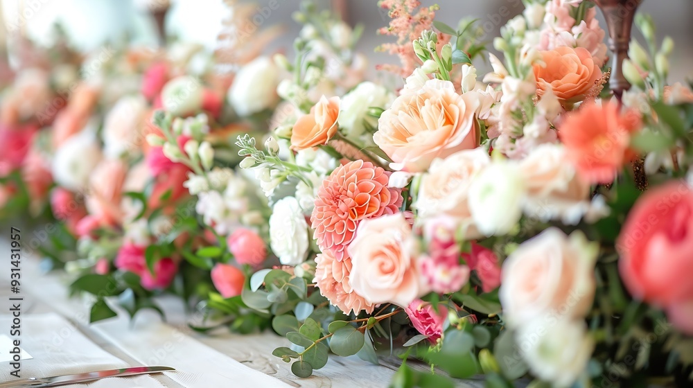 Obraz premium Head table at wedding reception decorated with beautiful floral arrangements : Generative AI