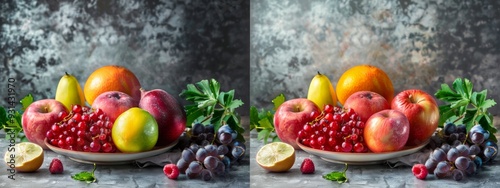 Fresh fruit arrangement on a gray textured background