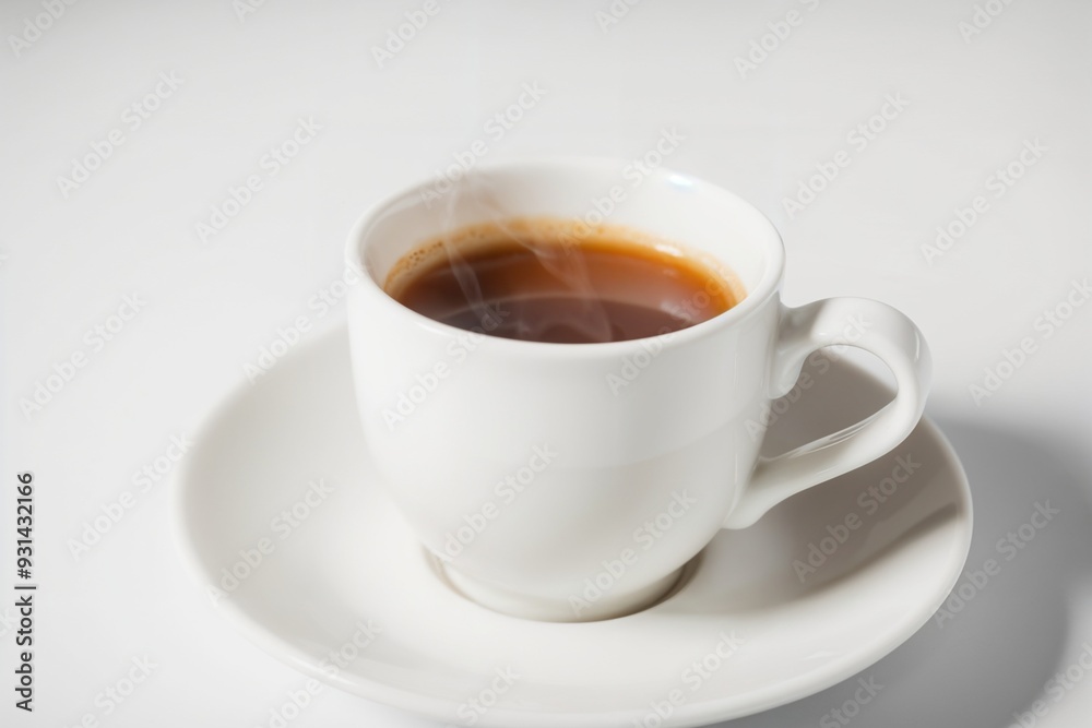 A simple white coffee cup filled with hot black coffee on a white background, ideal for minimalist and morning themes. A simple white coffee cup filled with hot black coffee on a white background, ideal for minimalist and morning themes.