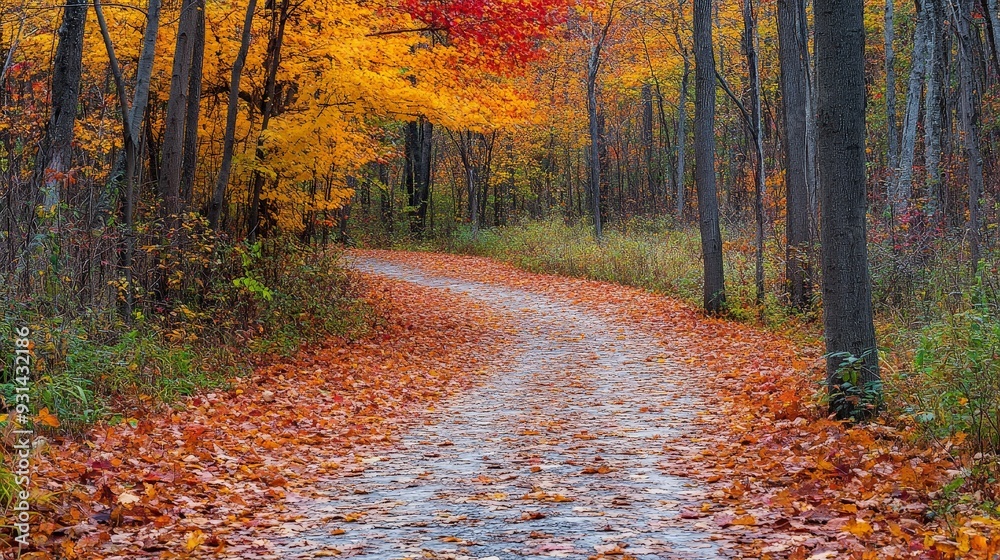 Naklejka premium A picturesque forest path covered in a blanket of autumn leaves. The trail winds through a canopy