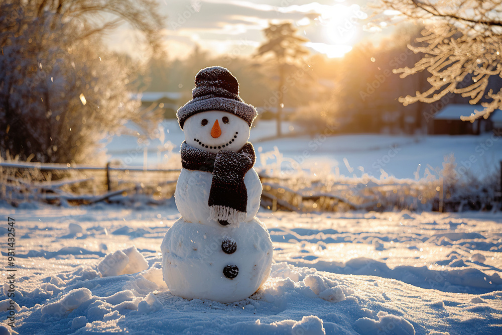Obraz premium Christmas greeting card with bright winter holiday snowman and New Year background