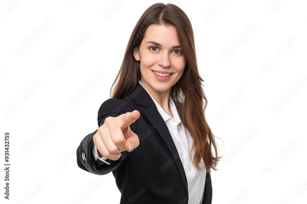 Happy woman and portrait pointing at you for business recruitment on a white background. ,generative ai Happy woman and portrait pointing at you for business recruitment on a white background. ,generative ai