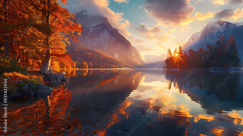 Photo Fantastic autumn sunset of Hintersee lake Photo Fantastic autumn sunset of Hintersee lake