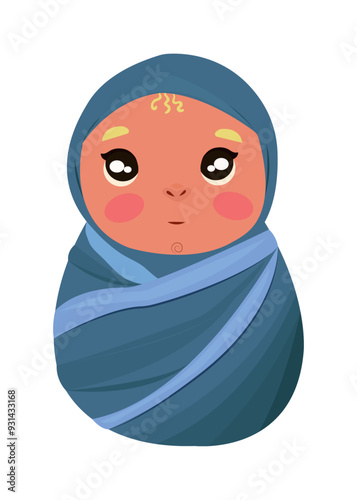 Cute newborn baby cartoon illustration. Vector Baby of 1-12 months in pink swaddling clothes