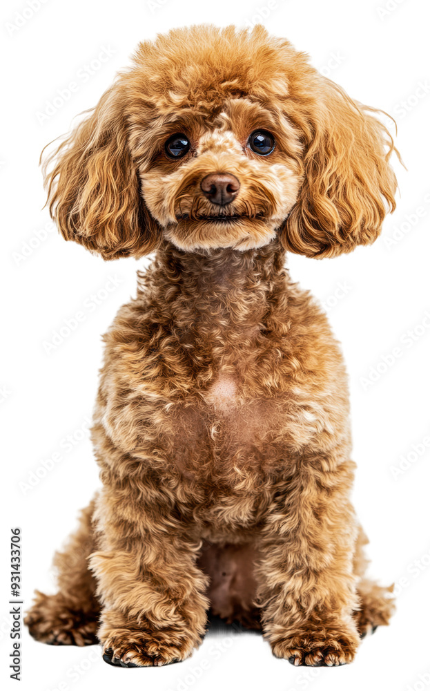 Cute brown poodle sitting on a white background, cut out - stock png. Cute brown poodle sitting on a white background, cut out - stock png.