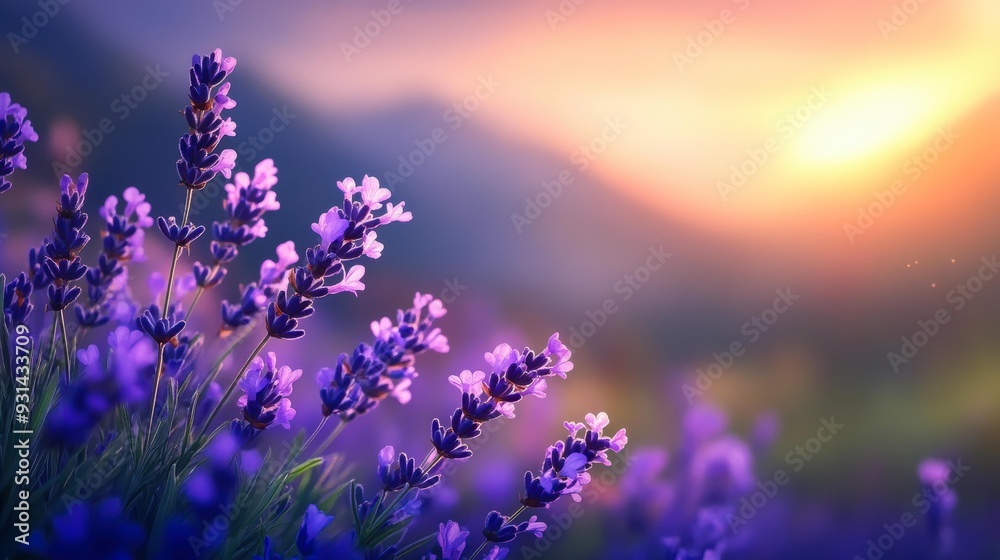 Lavender flowers in focus with a vibrant, soft sunset and mountains in the background, creates a peaceful and serene atmosphere, suitable for nature, relaxation, wellness, or spa-related content, Lavender flowers in focus with a vibrant, soft sunset and mountains in the background, creates a peaceful and serene atmosphere, suitable for nature, relaxation, wellness, or spa-related content,