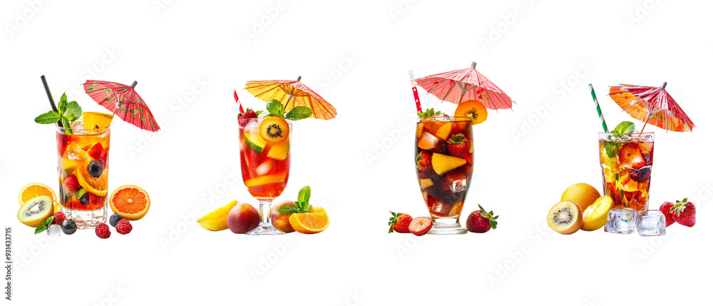 Fototapeta premium set fruit pimero cocktail with umbrella, fresh fruits, and ice cubes isolated on a white background.