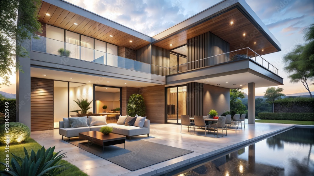 Naklejka premium A sleek and modern refuge with clean lines, neutral tones, and subtle illumination, creating a soothing ambiance for relaxation and contemplation.