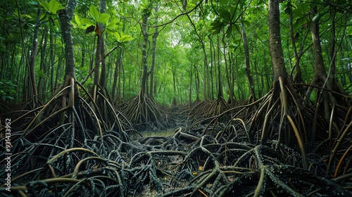 A serene mangrove forest with lush greenery and intricate root systems, showcasing nature's beauty and tranquility.