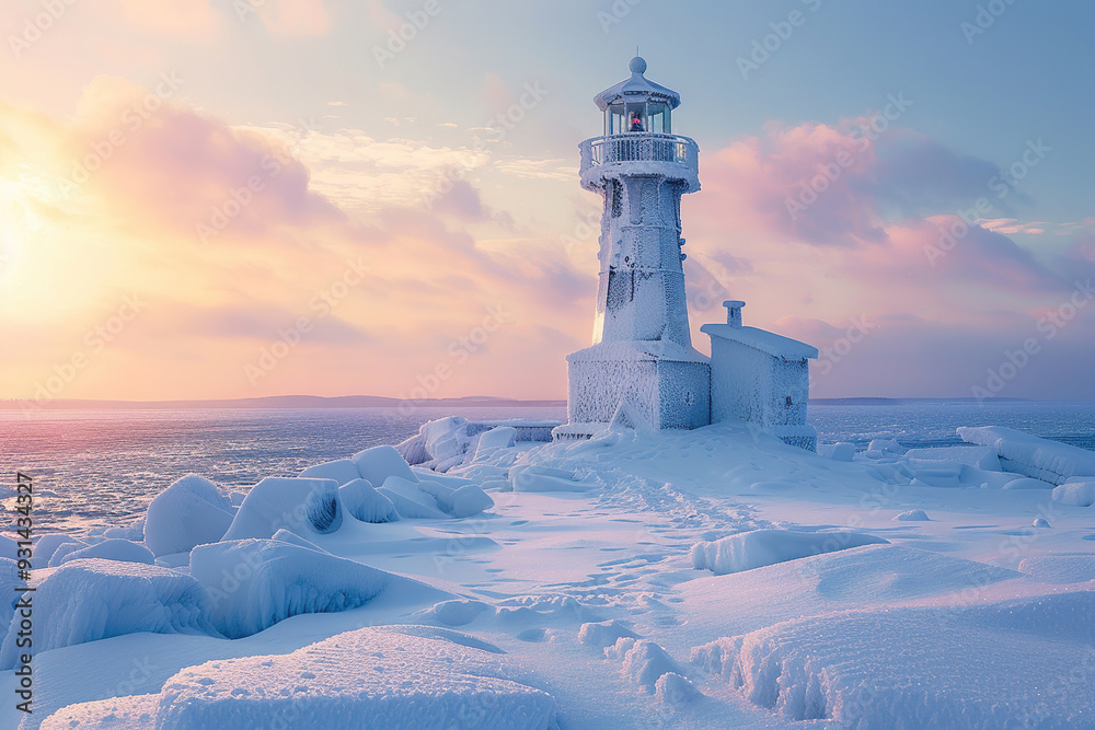 Generative ai on theme of large retro lighthouse with beam of bright light shining out to blue sea Generative ai on theme of large retro lighthouse with beam of bright light shining out to blue sea