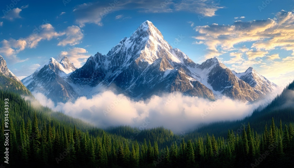 Snow-covered mountain peaks rise above lush evergreen forests, enveloped in a blanket of low-lying clouds, Ideal for promoting nature tourism, adventure sports, and environmental campaigns, Snow-covered mountain peaks rise above lush evergreen forests, enveloped in a blanket of low-lying clouds, Ideal for promoting nature tourism, adventure sports, and environmental campaigns,