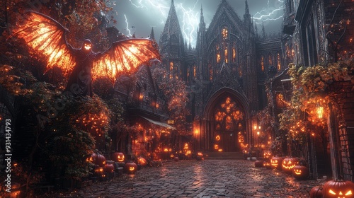 Gothic cathedral with jack-o'-lanterns and lightning