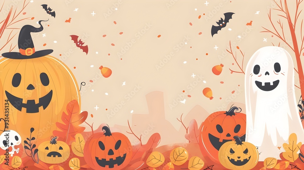 Cute Cartoon Halloween with Pumpkins Ghosts and Bats on Autumn Background Cute Cartoon Halloween with Pumpkins Ghosts and Bats on Autumn Background