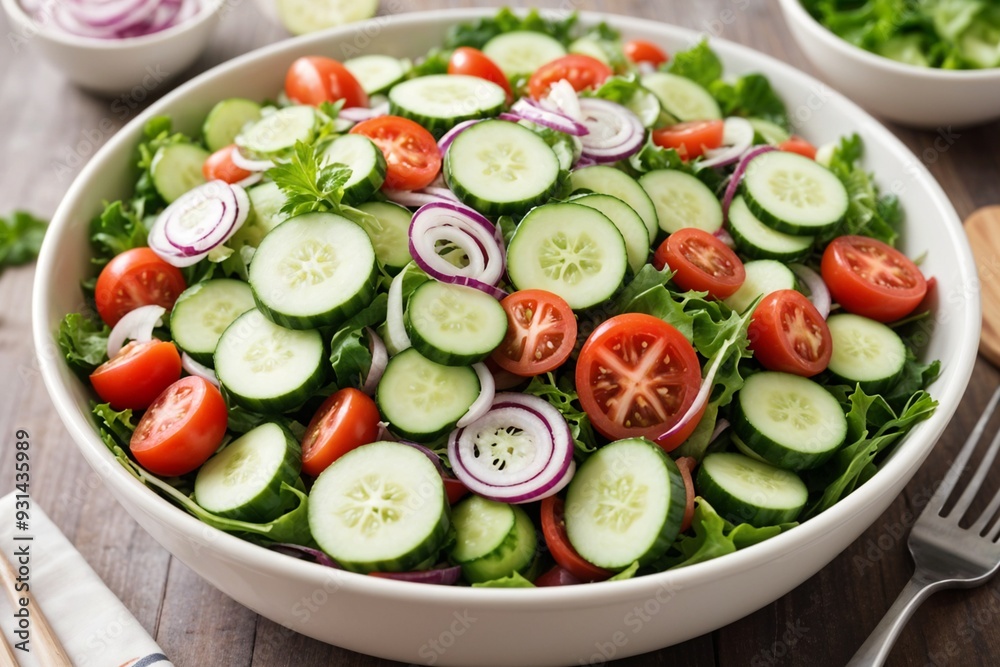 A fresh and vibrant salad bowl filled with cucumbers, tomatoes, onions, and greens, perfect for health and diet-related themes. A fresh and vibrant salad bowl filled with cucumbers, tomatoes, onions, and greens, perfect for health and diet-related themes.