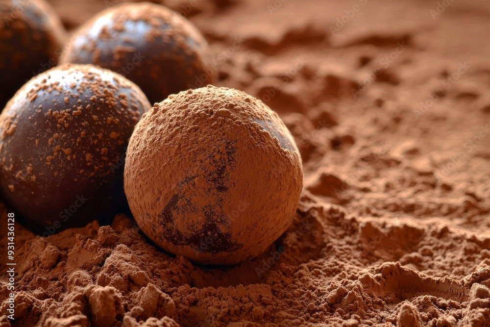 Chocolate truffles on dark background covered in cocoa powder and chocolate shavings Chocolate truffles on dark background covered in cocoa powder and chocolate shavings