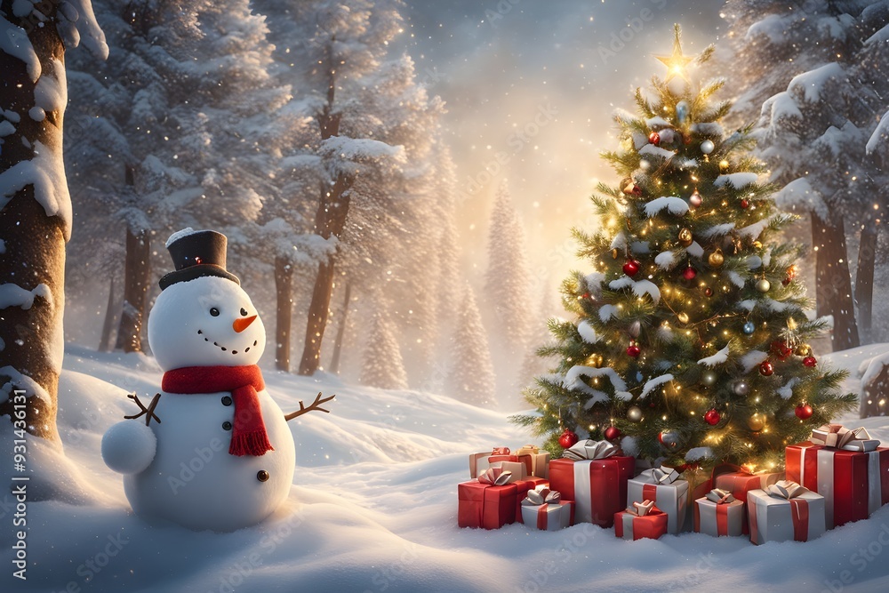 Obraz premium Peaceful and serene Christmas scene with a decorated Christmas tree with gifts presents and a cute snowman in a snowy forest