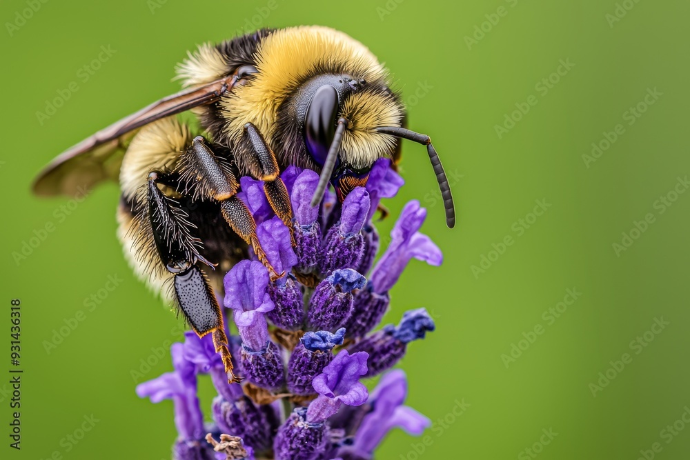 In-depth macro shot of a buff-tailed bumblebee pollinating lavender flowers In-depth macro shot of a buff-tailed bumblebee pollinating lavender flowers