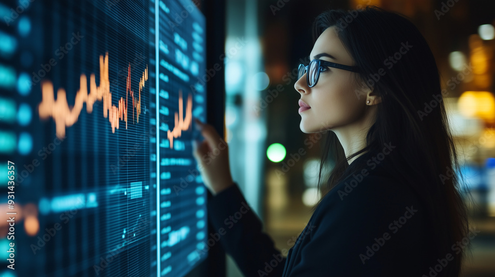 Female analyst viewing financial market data on a screen. Female analyst viewing financial market data on a screen.