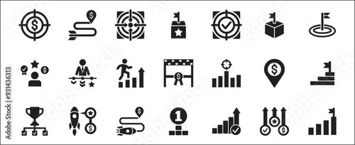 Target icon set. Goals and achievement icons set. Business and management icon. Vector stock illustration solid flat style. Contains symbols of rocket, businessman, podium, trophy and reward.