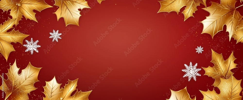An illustration for Christmas and New Year cards, banners, with a red background and golden leaves and snowflakes. Top view. 3D illustration. An illustration for Christmas and New Year cards, banners, with a red background and golden leaves and snowflakes. Top view. 3D illustration.
