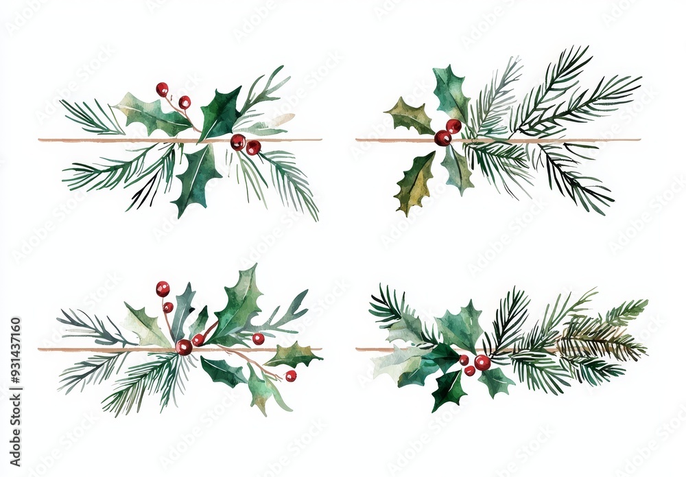 Christmas fir branches frame set. Watercolor Illustration. Hand painted winter plants for holiday cards and invitations. Christmas fir branches frame set. Watercolor Illustration. Hand painted winter plants for holiday cards and invitations.