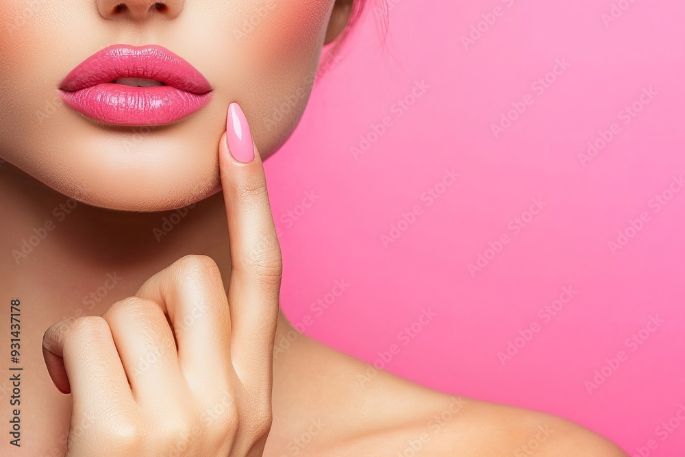 Obraz premium An attractive model shows how to do a french manicure. Cosmetics, beauty, makeup, and nail care skills are displayed.