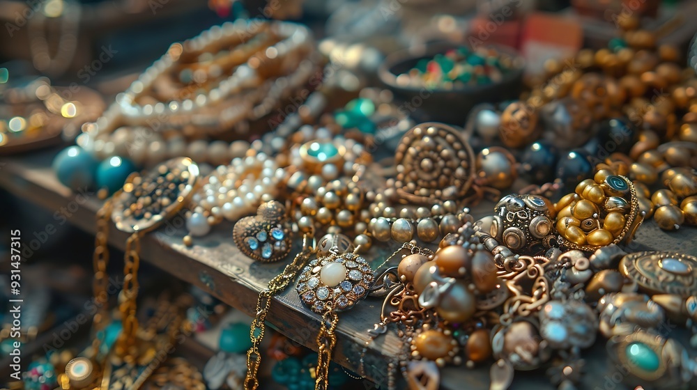 Scattering of different jewelry on a flea market counter : Generative AI Scattering of different jewelry on a flea market counter : Generative AI