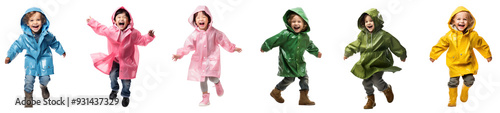 Diverse kids in raincoats png cut out element set photo