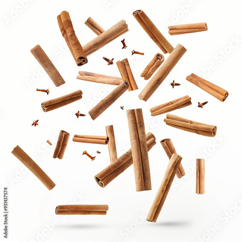 Cinnamon sticks floating in air