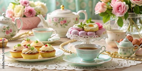 Wallpaper Mural A vintage tea party comes alive with nostalgic pastries adorned with lacework, soft pastel colors, and intricate sugar flowers. Torontodigital.ca