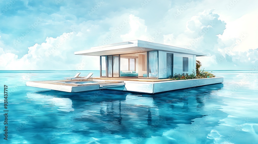 Fototapeta premium Modern Floating Home with Pool Deck and Ocean View.