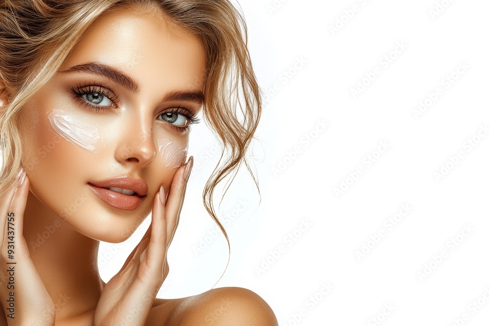 Obraz premium Face of young woman with beautiful face touching healthy skin, portrait of smiling girl model with natural makeup on white background.