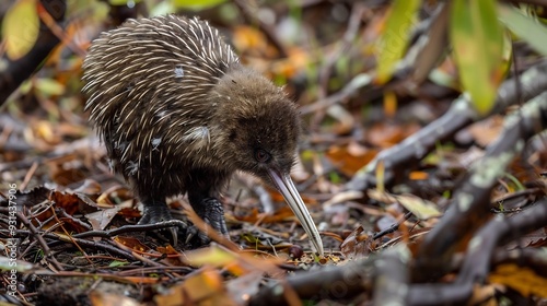 Kiwi bird foraging in the underbrush its long beak probing the ground for food photo